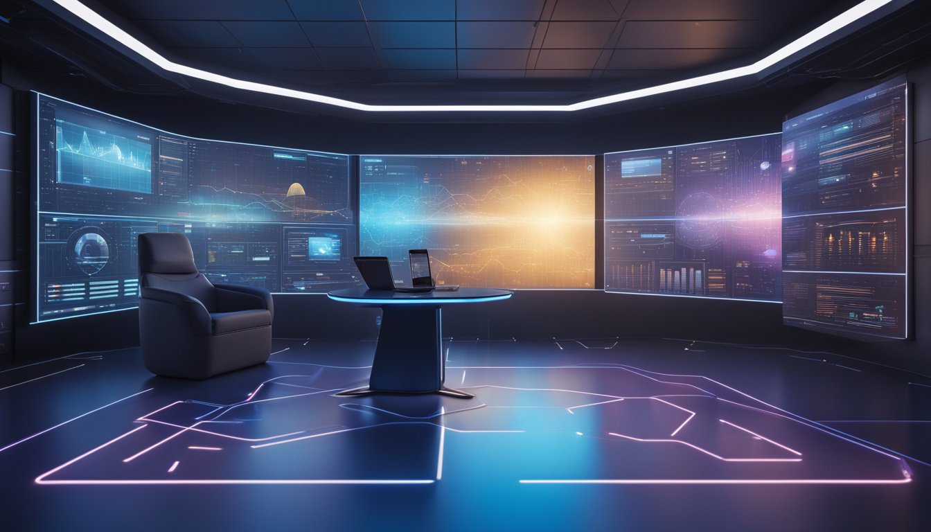 Une pièce futuriste avec deux interfaces d'IA, ChatGPT d'OpenAI et Claude d'Anthropic, affichées sur des écrans. Des graphiques et des tableaux de comparaison de données sont visibles.