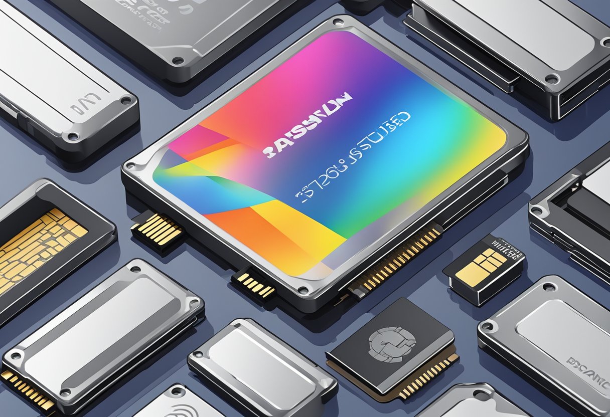 Un disco de estado sólido de 256GB elegante y moderno rodeado de logotipos de marcas de confianza y opciones