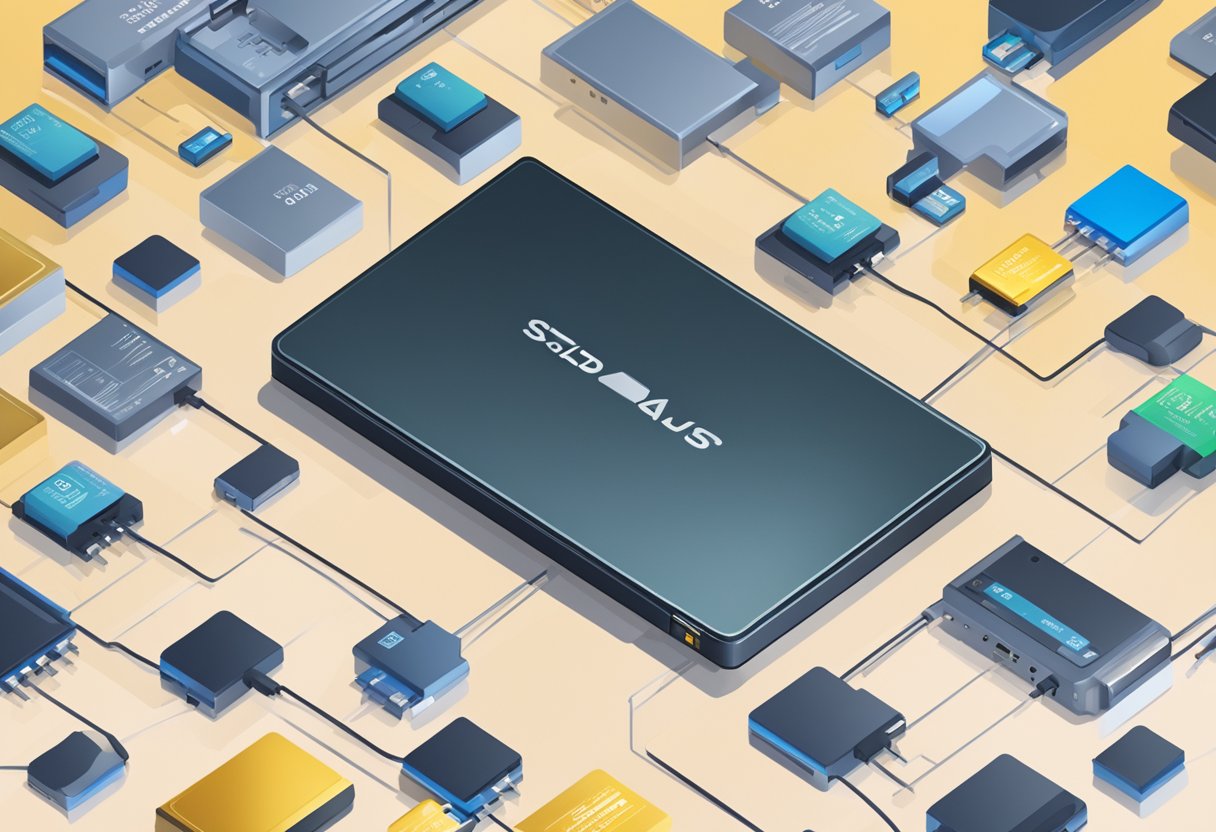 Un disco de estado sólido con capacidad de 256GB rodeado de reseñas de usuarios y calificaciones estelares