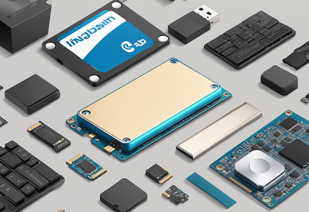 Un disco sólido moderno y elegante con una capacidad de 256GB, rodeado de varios accesorios tecnológicos y artículos complementarios.