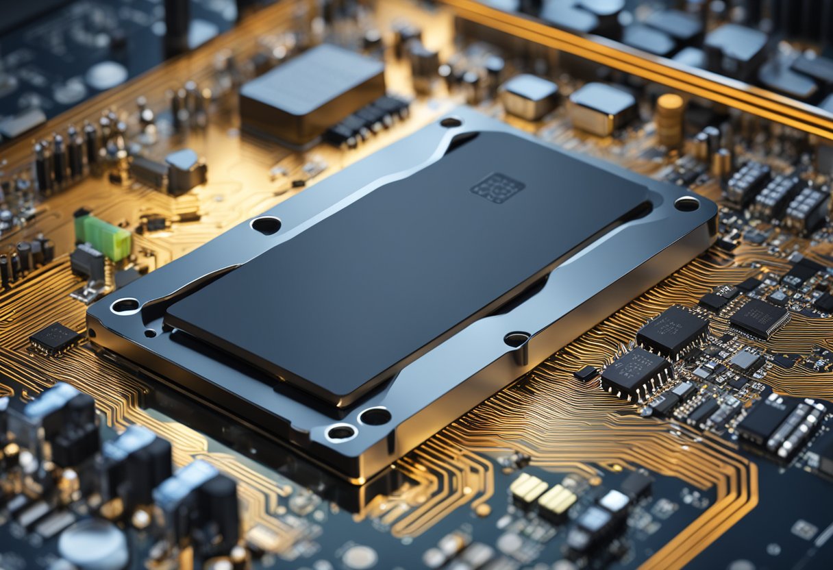 Un disco de estado sólido con capacidad de 256GB rodeado de componentes electrónicos y cables