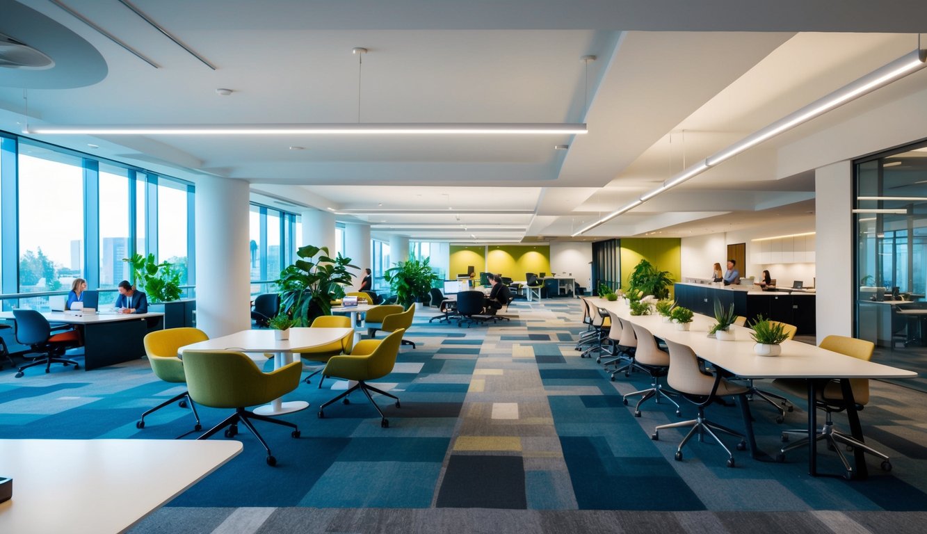 A modern, open-concept office space with various workstations, meeting areas, and communal spaces. Natural light streams in through large windows, and there are plants and modern furniture throughout
