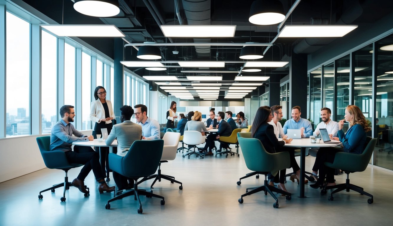 A bustling, modern coworking space with sleek furniture, large windows, and diverse professionals collaborating in an open, airy environment