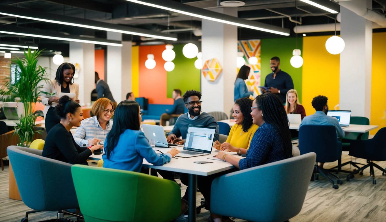 A bustling coworking space with diverse individuals collaborating in modern, open-concept work areas amidst vibrant decor and communal amenities