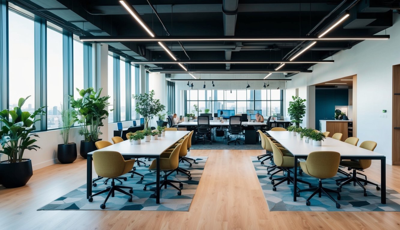 A modern, open office space with various workstations, meeting areas, and collaborative spaces. Natural light floods in through large windows, and plants and modern decor add to the inviting atmosphere