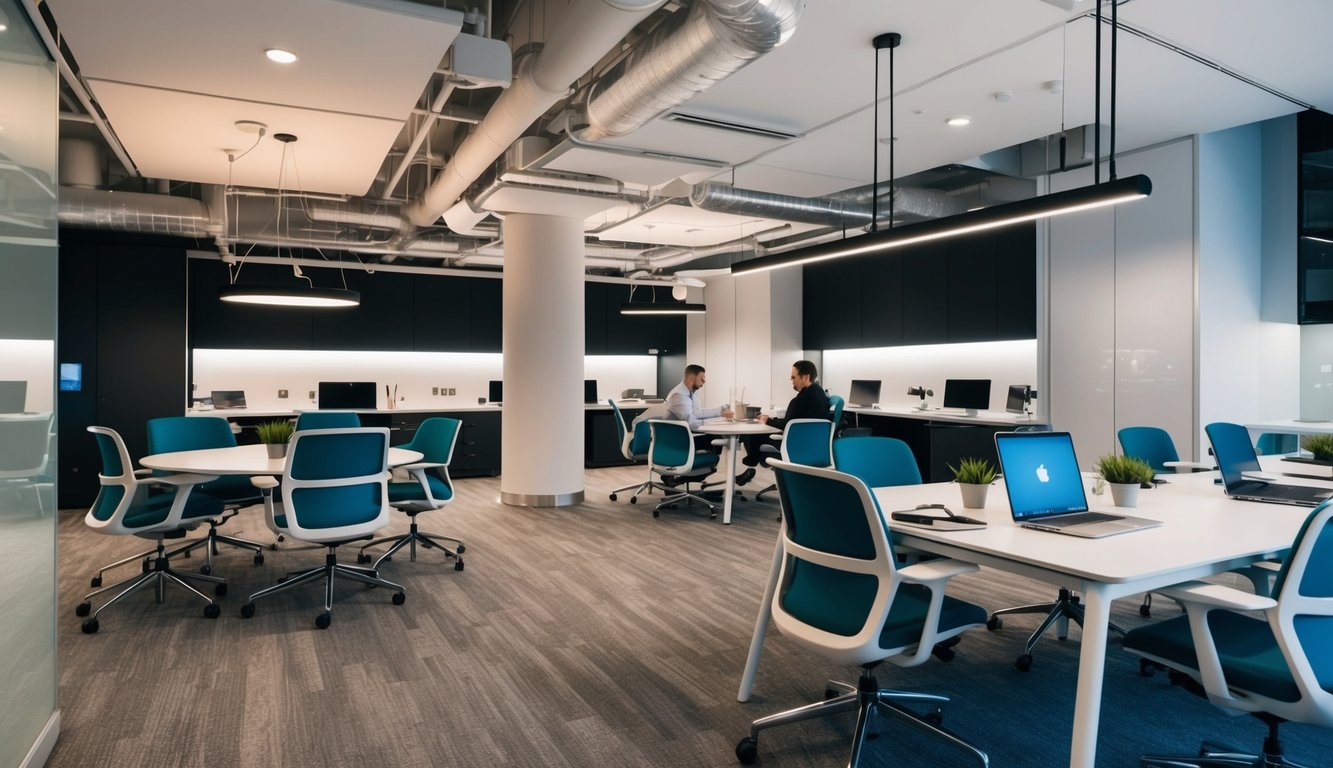 A modern coworking space with various workstations, collaborative areas, and technology integration