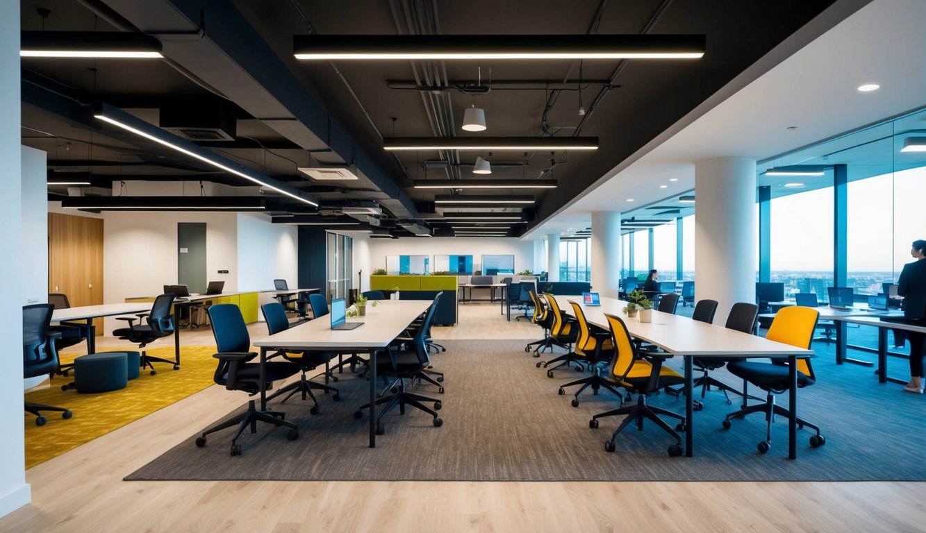 A modern, open-concept coworking space with various workstations, communal areas, and natural lighting