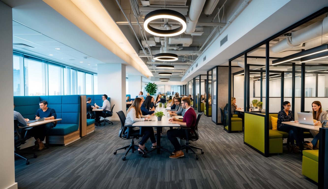 A bustling coworking space with diverse work areas, modern decor, and natural lighting. People collaborate in open meeting spaces and focus in private work pods
