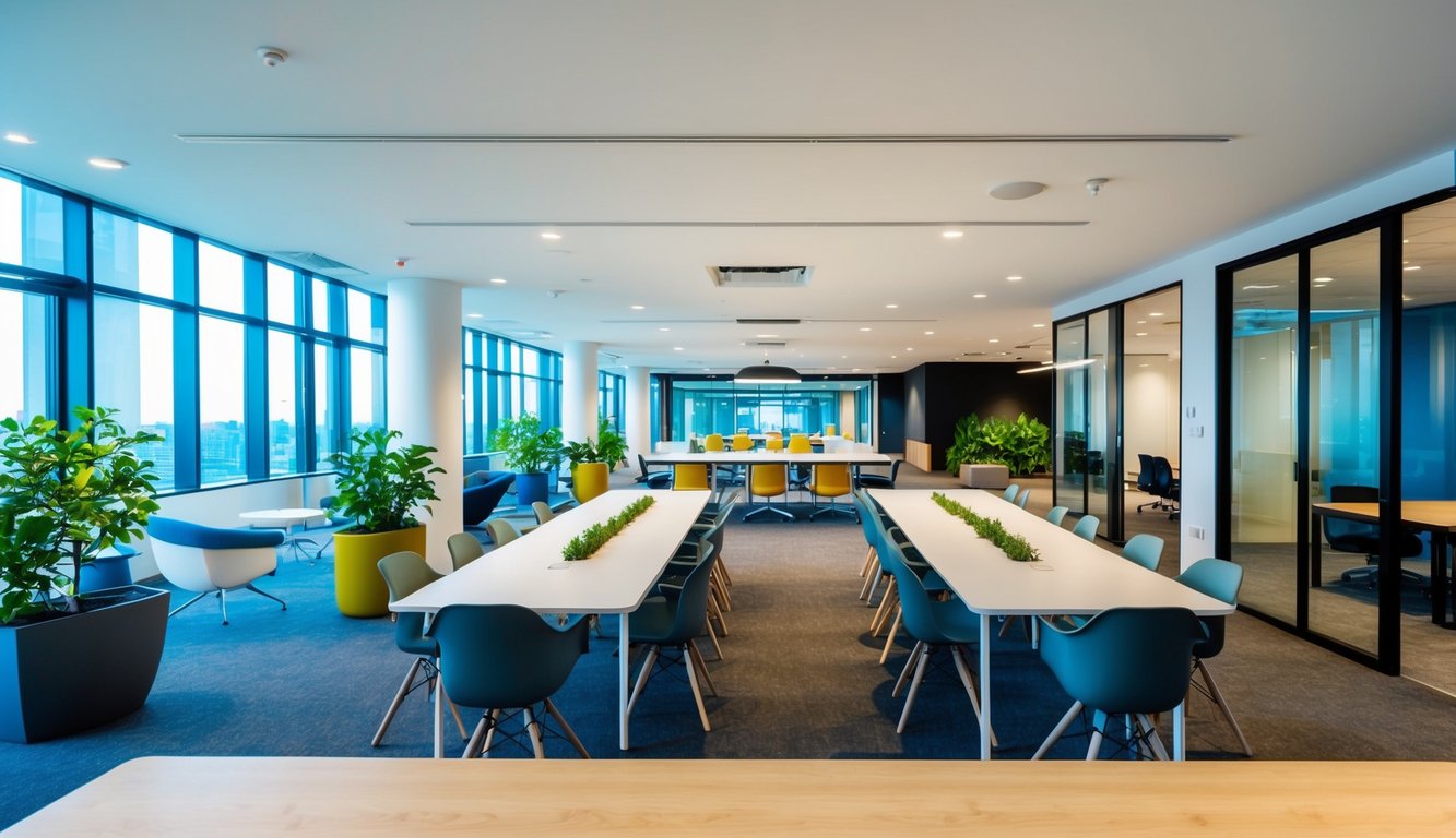 A modern, open-concept office space with diverse work areas, communal tables, and private meeting rooms. Natural light floods in through large windows, and green plants add a touch of nature to the contemporary design