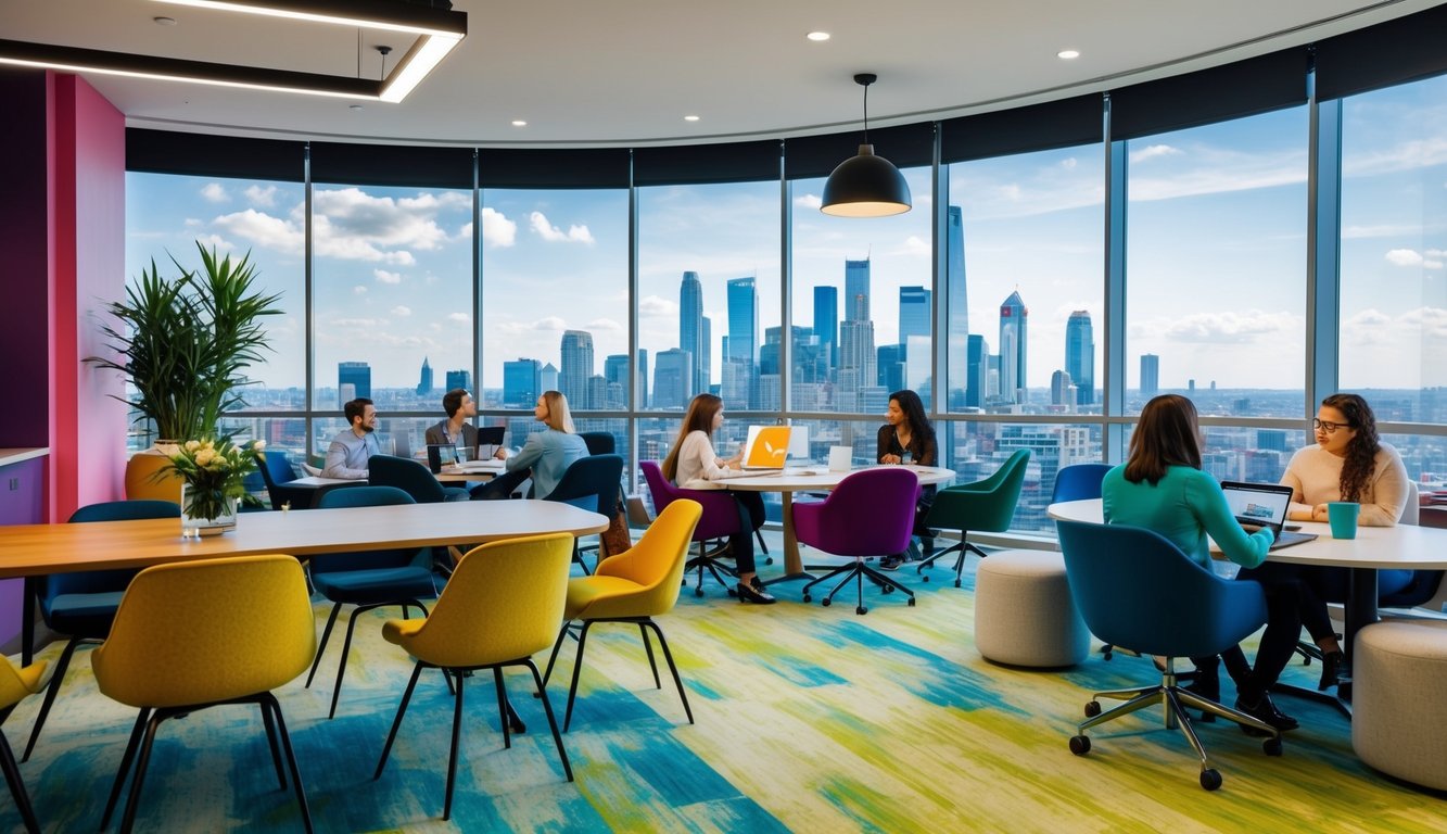 A bustling, modern coworking space with diverse work areas, vibrant decor, and large windows offering views of a city skyline