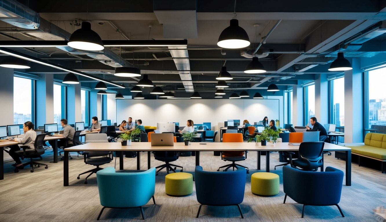 A modern coworking space filled with diverse workstations, comfortable seating areas, and collaborative meeting spaces, all bathed in natural light from large windows
