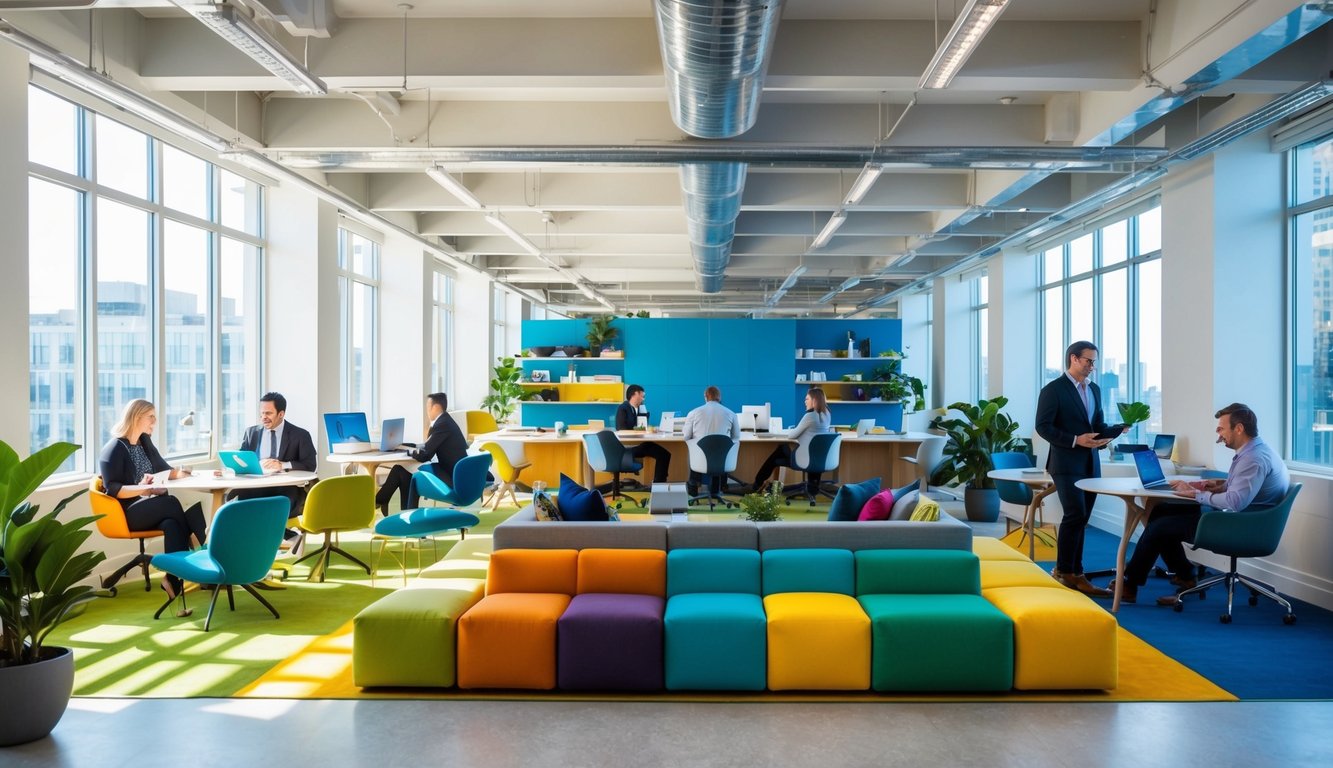 A bright, open workspace with diverse seating options, modern decor, and natural light streaming in through large windows. Various professionals collaborate and work independently in a vibrant, dynamic environment