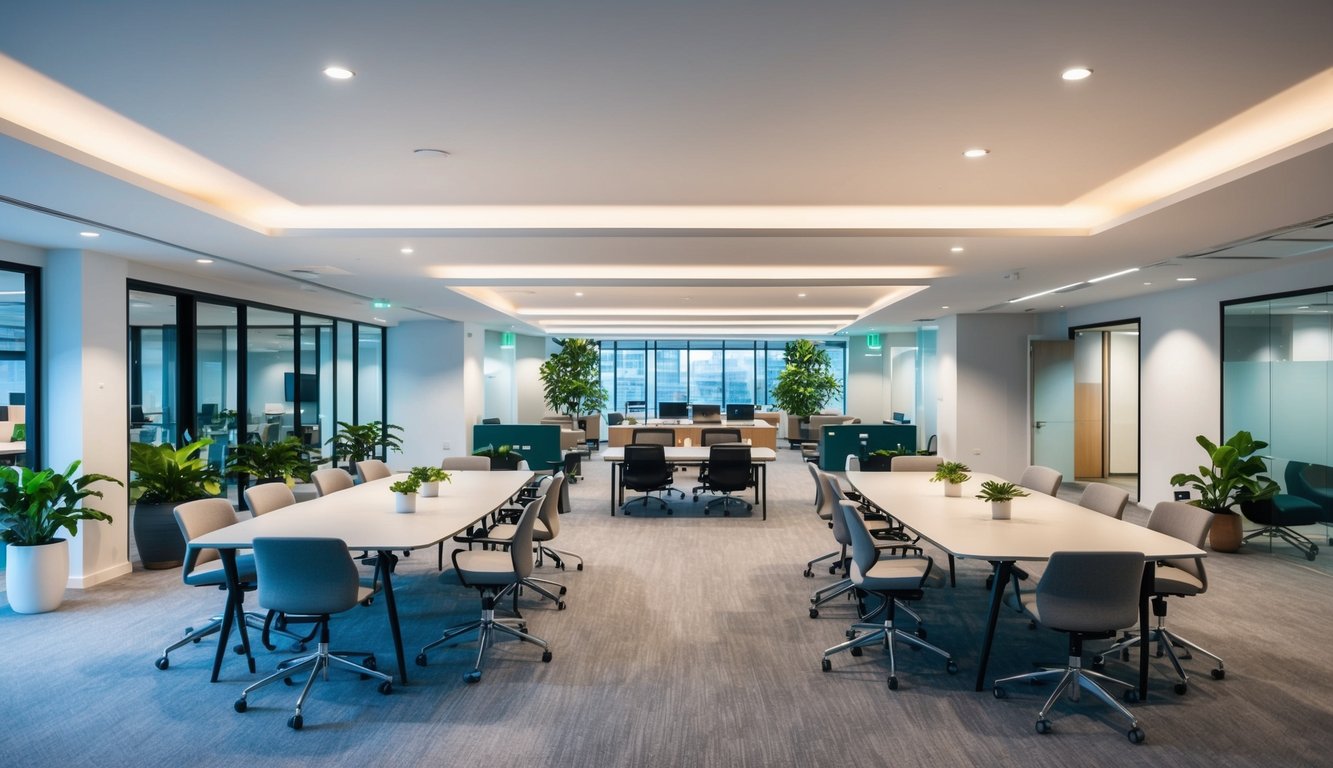A spacious and well-lit open area with modern furniture, collaborative workstations, and private meeting rooms. Plants and natural light create a welcoming atmosphere