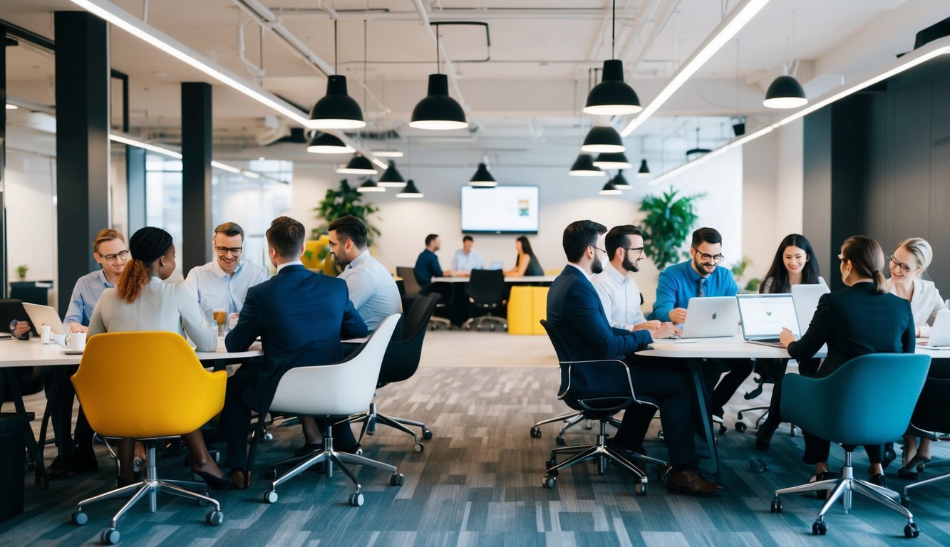 A diverse group of professionals working in a modern, open-plan coworking space with various workstations, meeting areas, and natural lighting