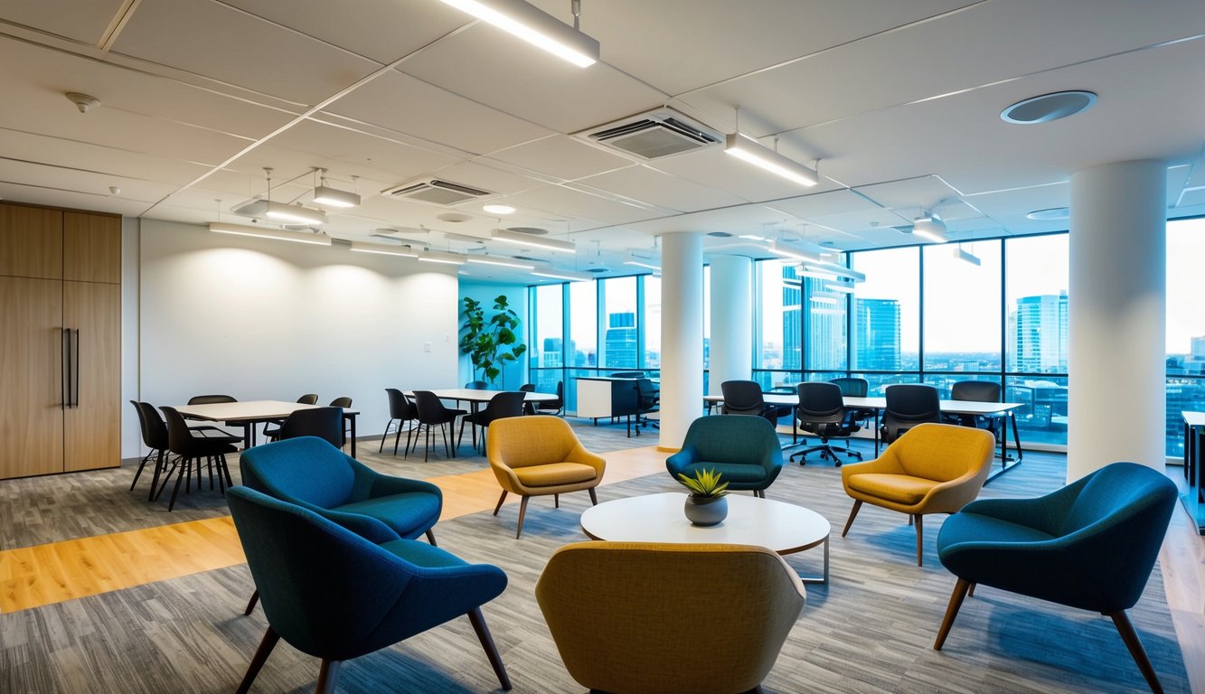 A modern coworking space with natural light, open work areas, meeting rooms, and comfortable furniture