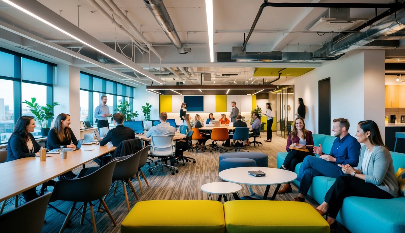 A vibrant coworking space with diverse work areas, meeting rooms, and communal spaces. People engaged in conversations and collaboration. Natural light and modern decor create a welcoming atmosphere