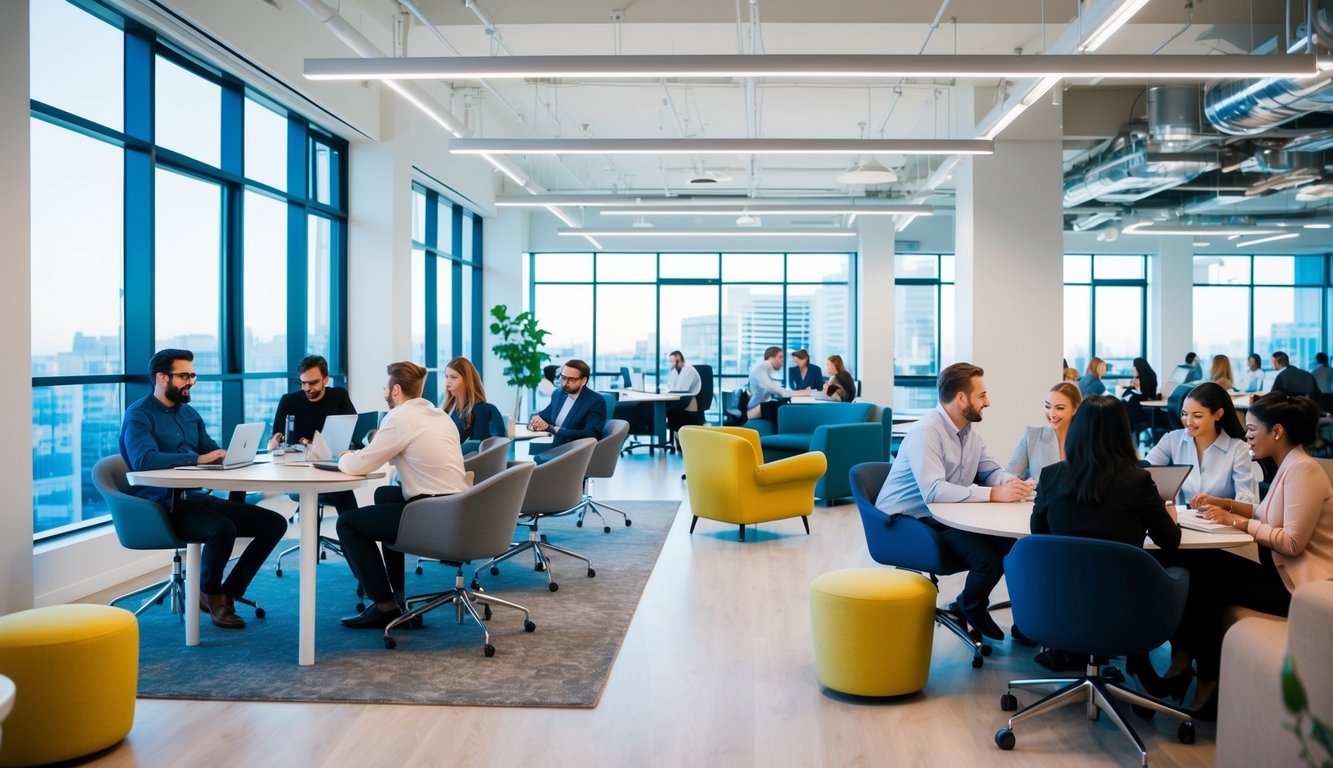 A bright and spacious coworking space with modern furniture and large windows, bustling with diverse professionals working and collaborating together