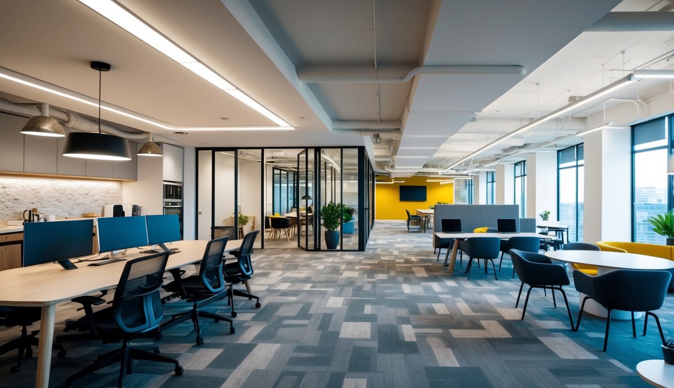 A modern coworking space with open floor plan, natural light, and various workstations, meeting areas, and communal spaces
