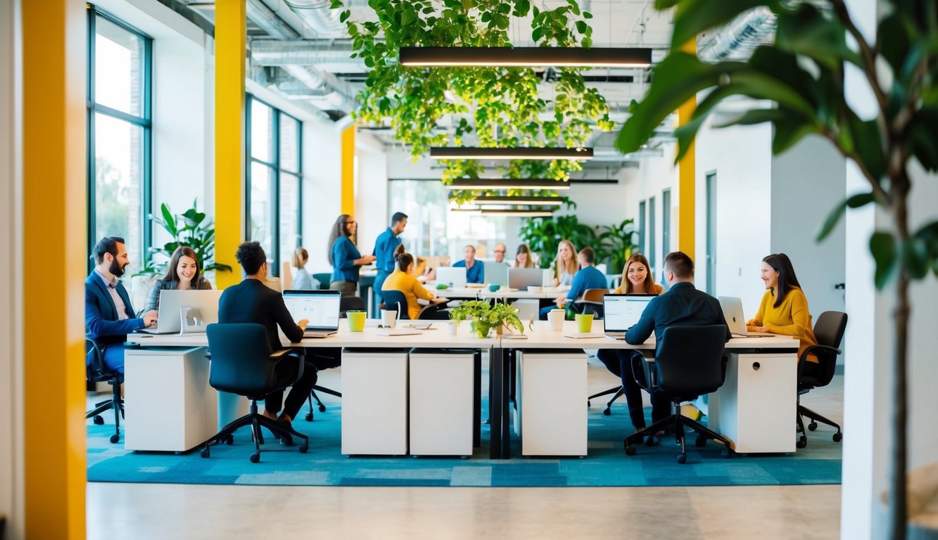 A bright, open coworking space with diverse workstations, natural light, and greenery. People are engaged in focused work, collaborating, and socializing in the background