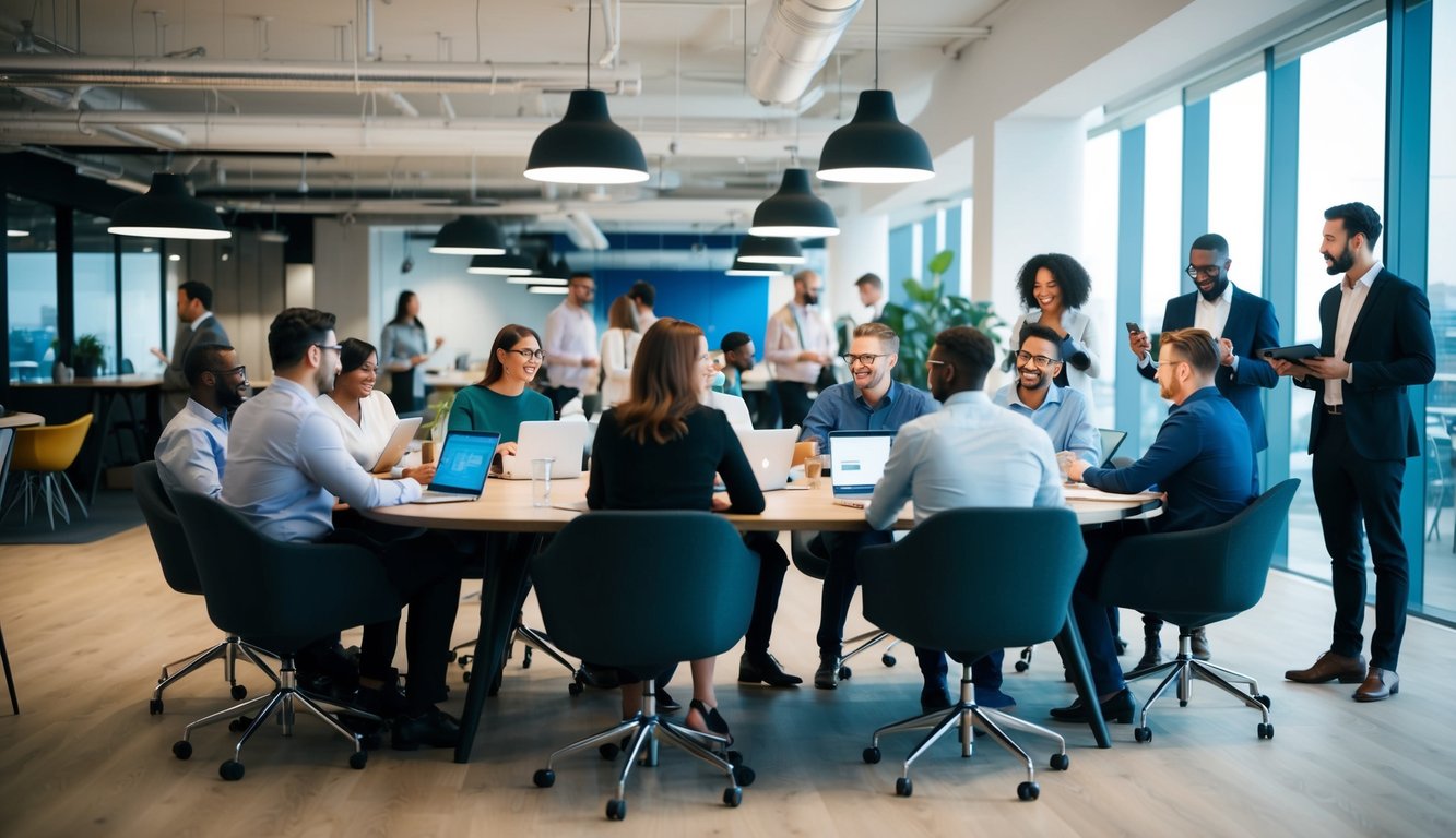 A bustling coworking space with diverse professionals networking, collaborating, and working independently in a modern, open-concept environment