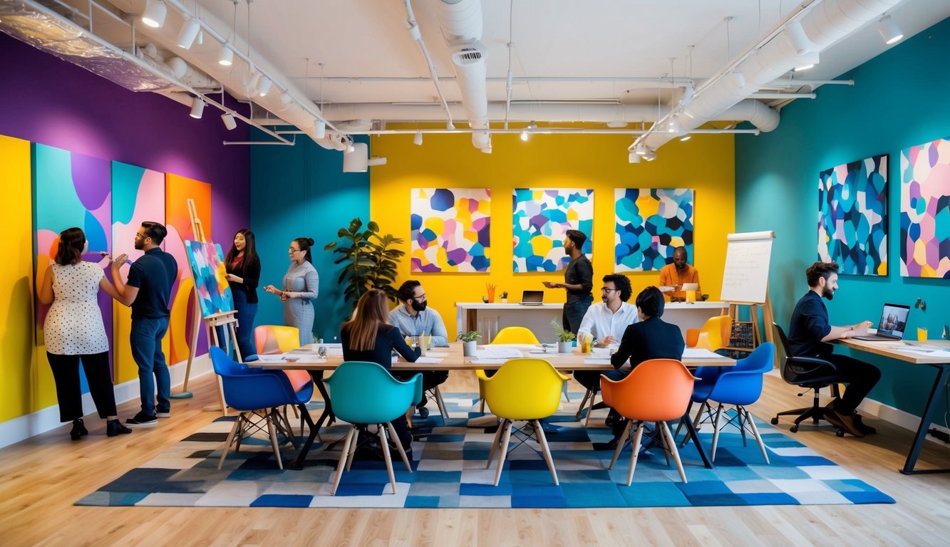 A vibrant coworking space with artists painting, musicians playing, and writers collaborating, surrounded by colorful murals and sculptures