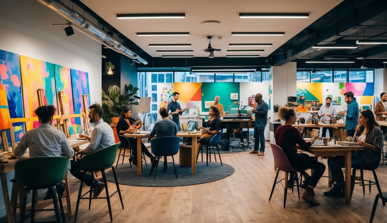A vibrant coworking space with artists painting, musicians playing, and cultural events happening, creating a lively and creative atmosphere