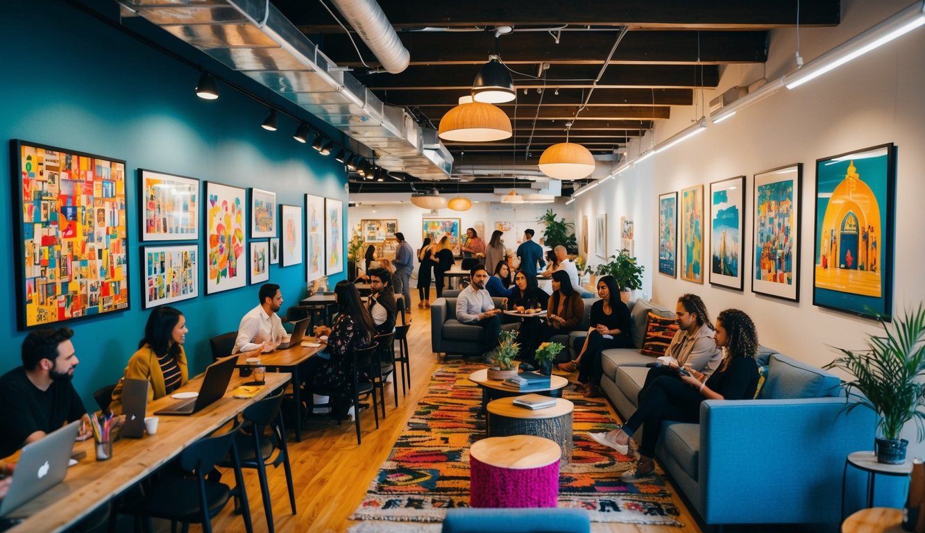 A vibrant coworking space filled with diverse artwork, live music, and cultural events, drawing in a mix of artists, entrepreneurs, and community members