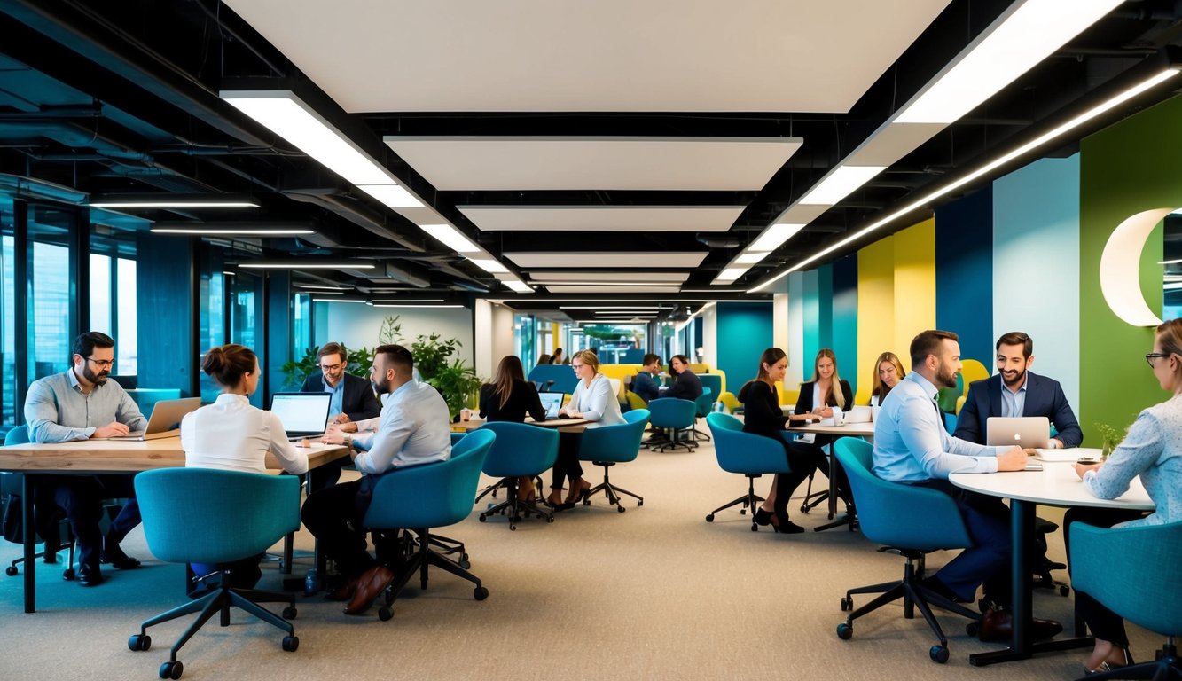 A bustling coworking space with diverse work areas, natural light, and collaborative zones. Various professionals engaged in focused work and group discussions