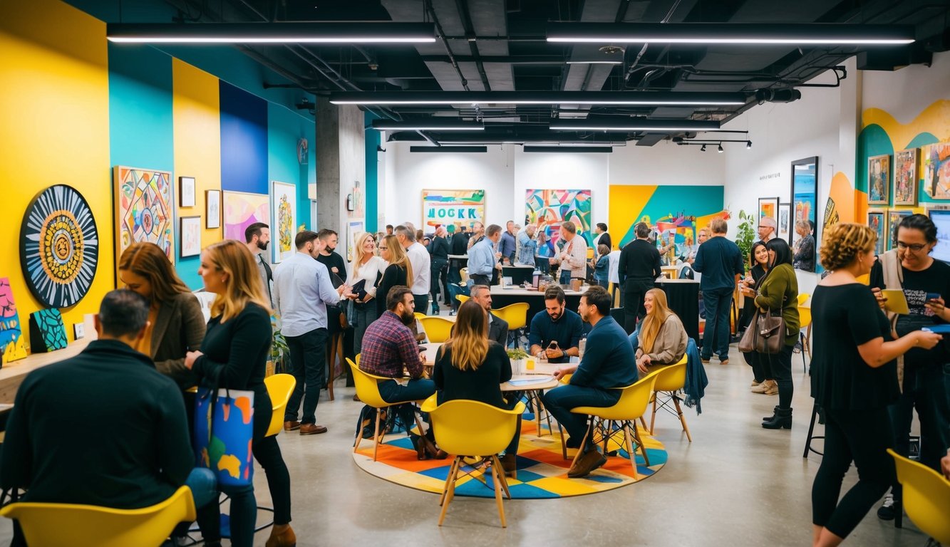 A vibrant coworking space filled with local artwork, murals, and sculptures. People gather around to admire the creative atmosphere and engage in cultural events
