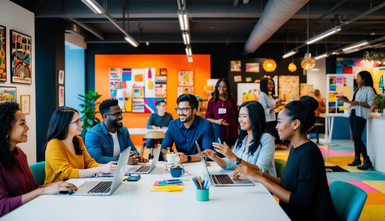 A vibrant coworking space with diverse individuals collaborating on creative projects, surrounded by art and cultural displays