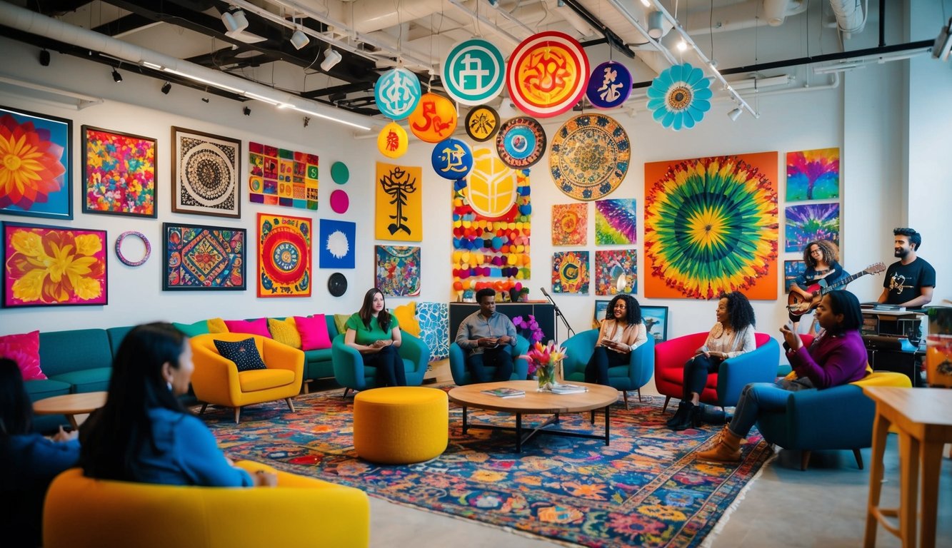 A vibrant coworking space adorned with colorful artwork, diverse cultural symbols, and lively performances, creating a dynamic hub for arts and culture