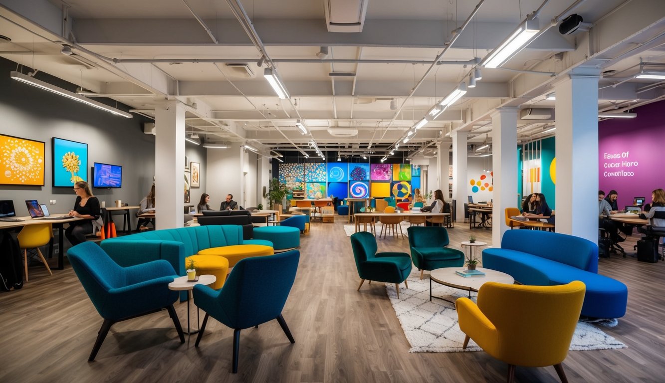 A vibrant coworking space transformed into a cultural hub, with diverse art installations, music performances, and interactive workshops