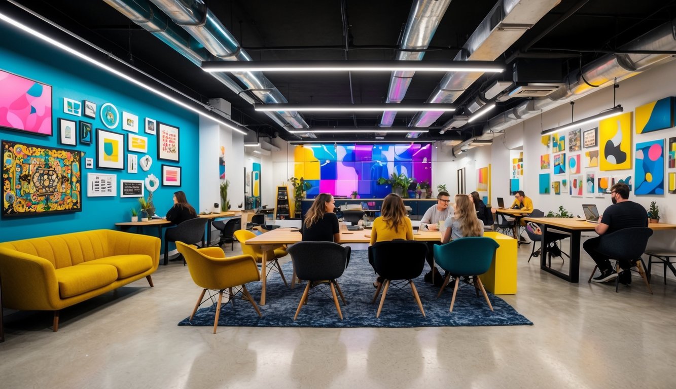 A vibrant coworking space with diverse art installations, live music, and creative workshops, fostering a sense of community and collaboration