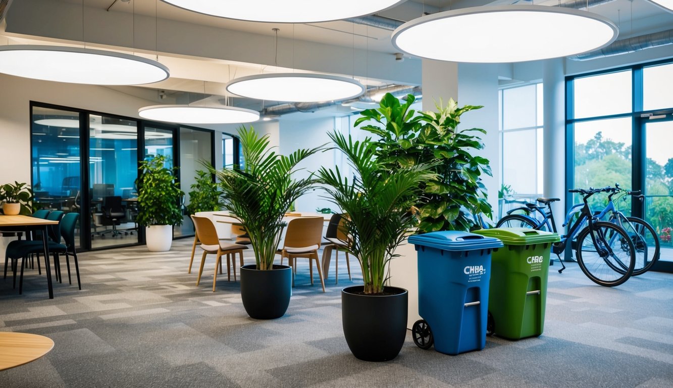 A modern coworking space with natural lighting, indoor plants, and energy-efficient fixtures. Separate recycling bins and a communal bike rack outside