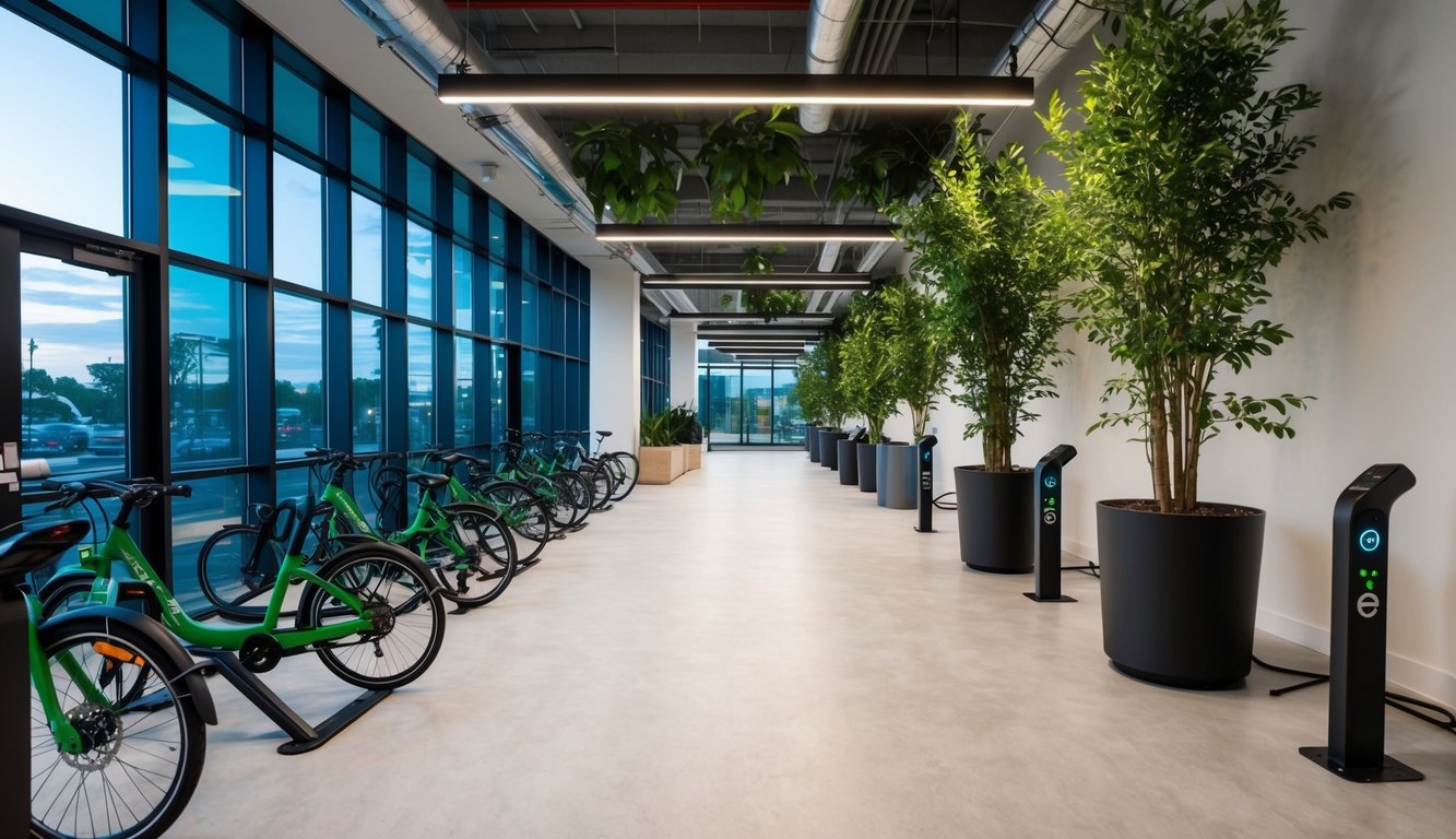 A modern coworking space with large windows, green plants, and energy-efficient lighting, surrounded by bike racks and electric car charging stations