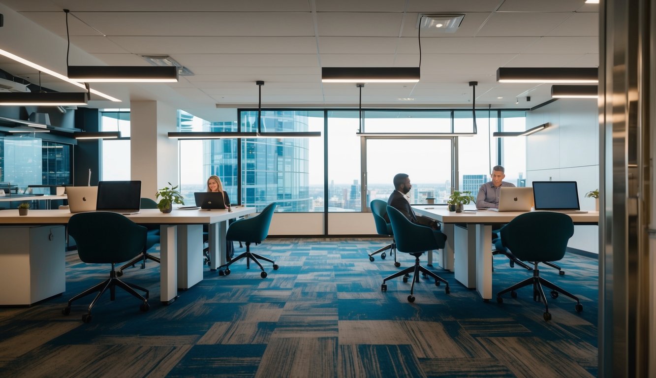 A modern coworking space with energy-efficient technology and sustainable design elements