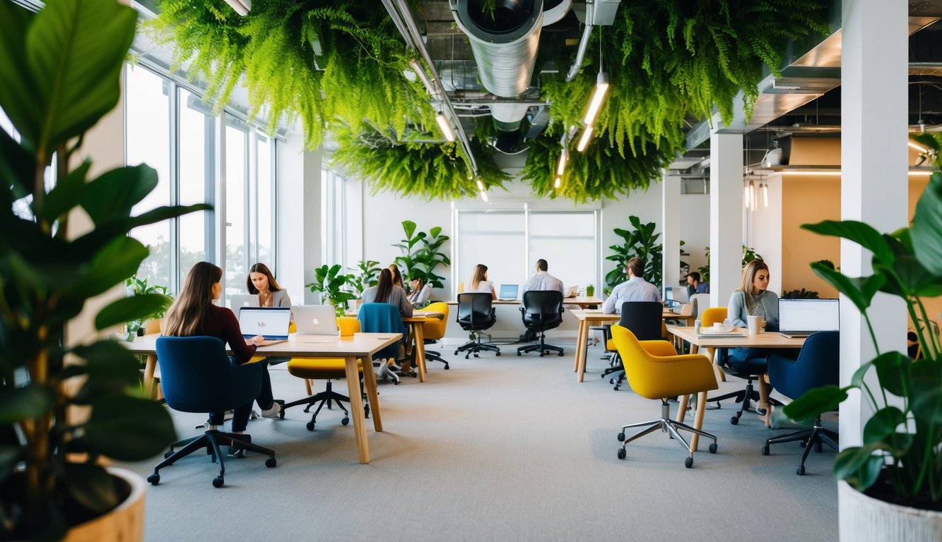 A vibrant coworking space with lush greenery, natural light, and diverse workstations, promoting mental well-being and social interaction while reducing carbon footprints