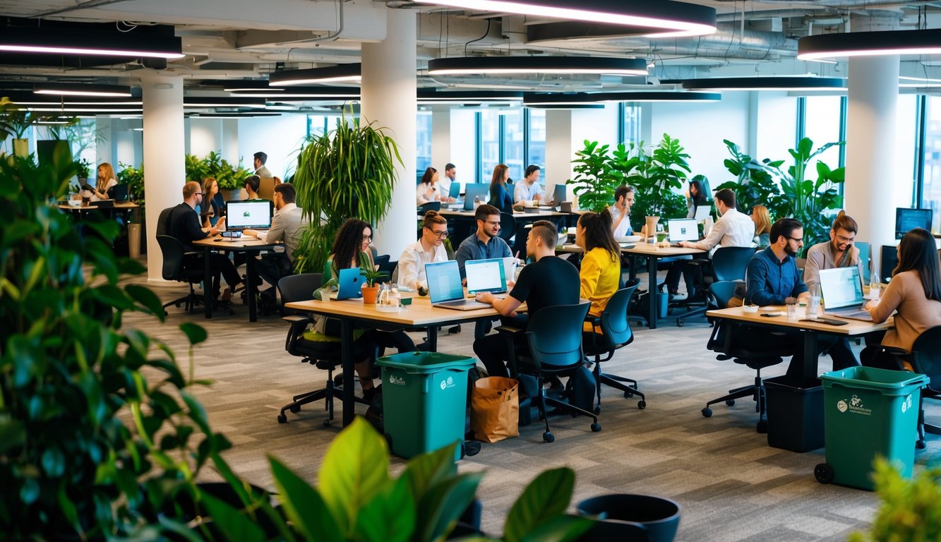 A bustling coworking space with diverse workstations, abundant natural light, and a variety of green plants. The space is filled with people collaborating and working independently, with energy-efficient lighting and recycling bins visible