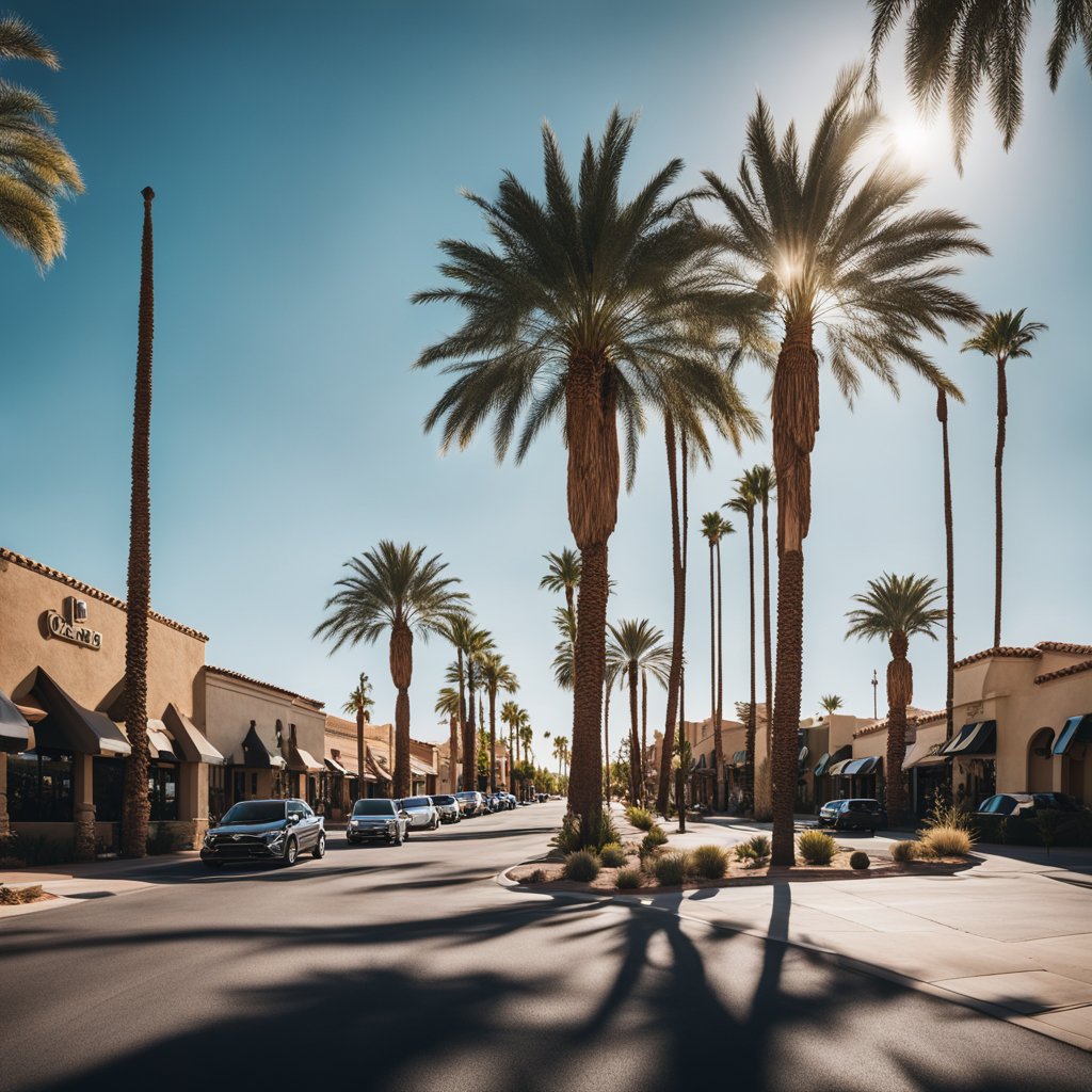 A sunny street in Goodyear, Arizona lined with palm trees, showcasing a mix of local services and amenities such as shops, restaurants, and parks