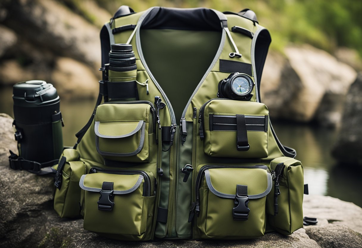 A fishing vest with multiple pockets and compartments, made of lightweight and waterproof material, perfect for a day of fly fishing by the river