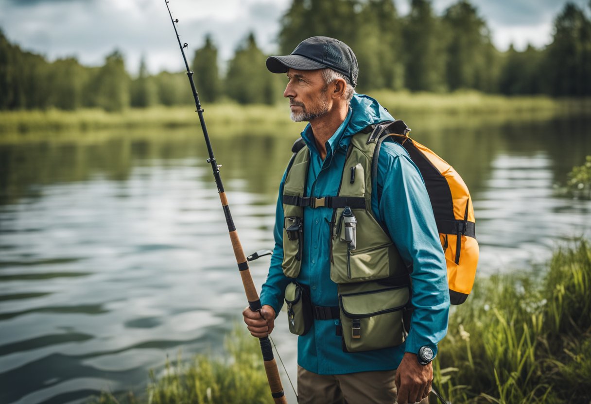 A fisherman wearing a lightweight, waterproof fly vest with multiple pockets for fishing gear