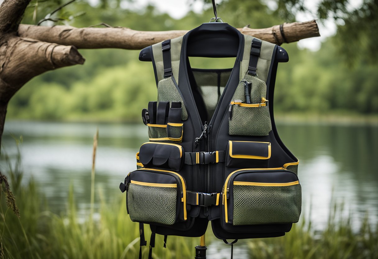 A fishing vest hangs on a wooden post, adorned with multiple pockets and made of breathable mesh and neoprene materials