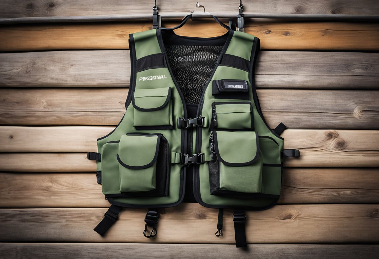 A fishing vest hangs on a wooden dock, with multiple pockets and mesh panels. Nearby, a neoprene vest and a breathable vest are laid out on the ground
