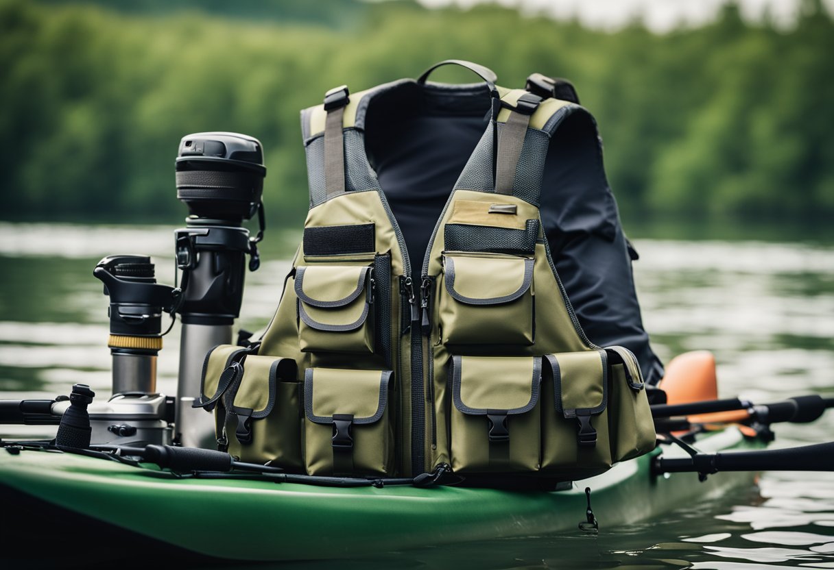 A fishing vest with multiple pockets and compartments, floating on the water next to a kayak, with a fishing rod and tackle box nearby