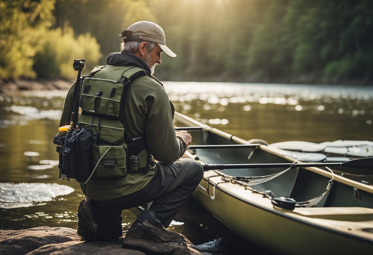 A fisherman wearing a tactical fishing vest while standing by a tranquil river with a kayak and fishing gear nearby
