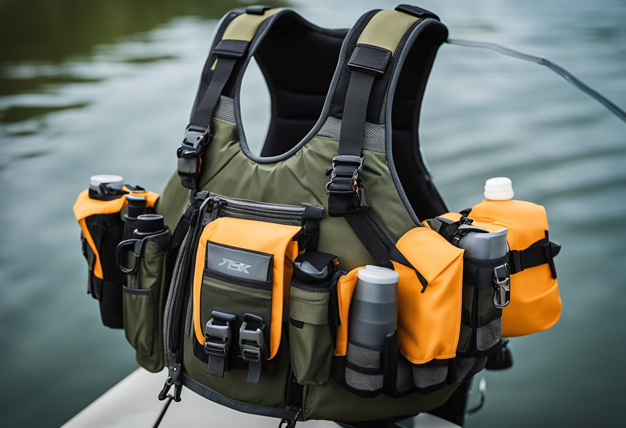 A fishing vest with multiple pockets and attachments, designed for fly fishing and kayaking, floats on the water's surface