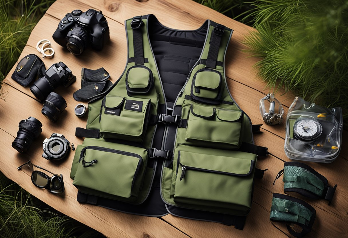 A fishing vest lies open, showcasing multiple pockets and compartments for gear and tackle