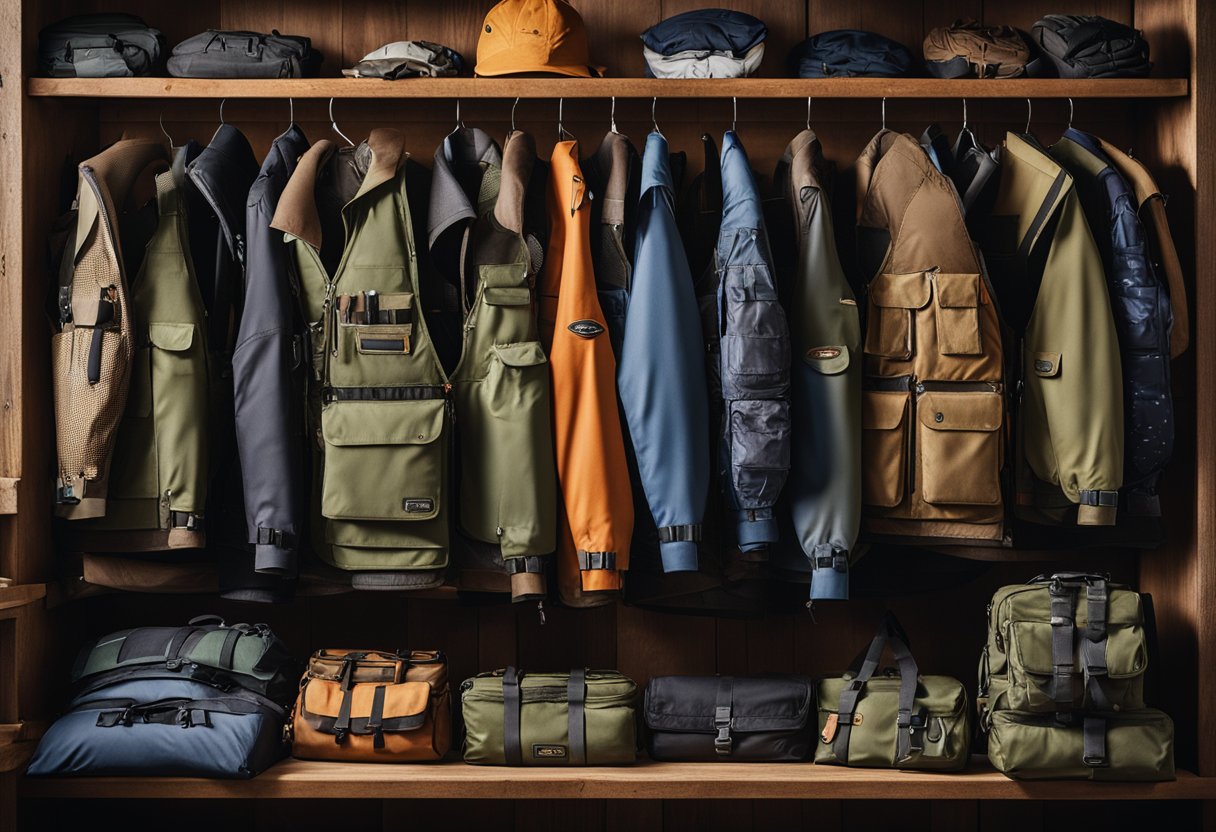 A collection of fishing vests, including Orvis, Patagonia, Columbia, and Huk, hanging neatly on a rack with various accessories scattered around