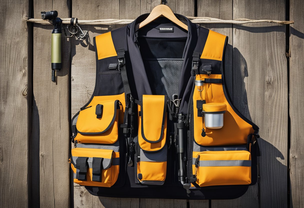 A fishing vest hanging on a wooden post, with multiple pockets, a rod holder, and a built-in tackle box