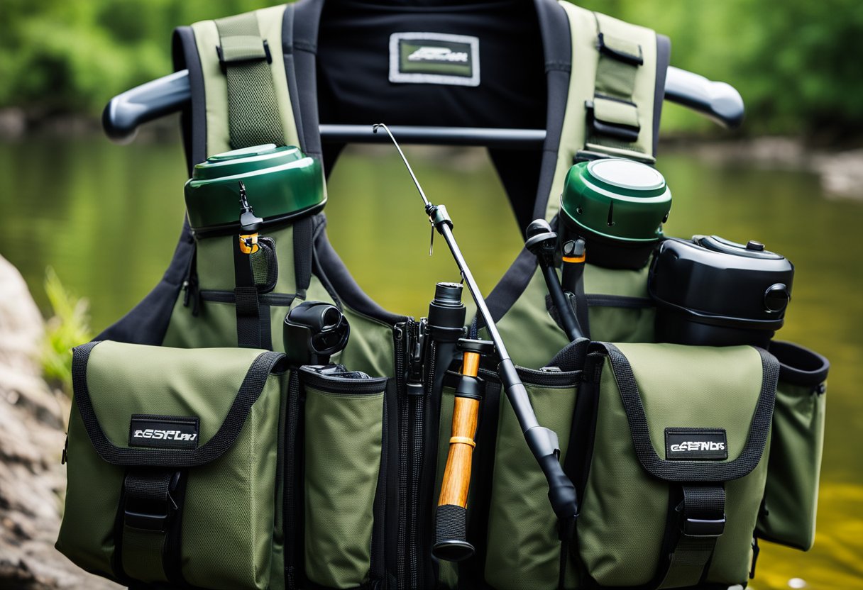 A fishing vest with rod holder, built-in tackle box, and hydration system, showcasing advanced fishing vest technologies